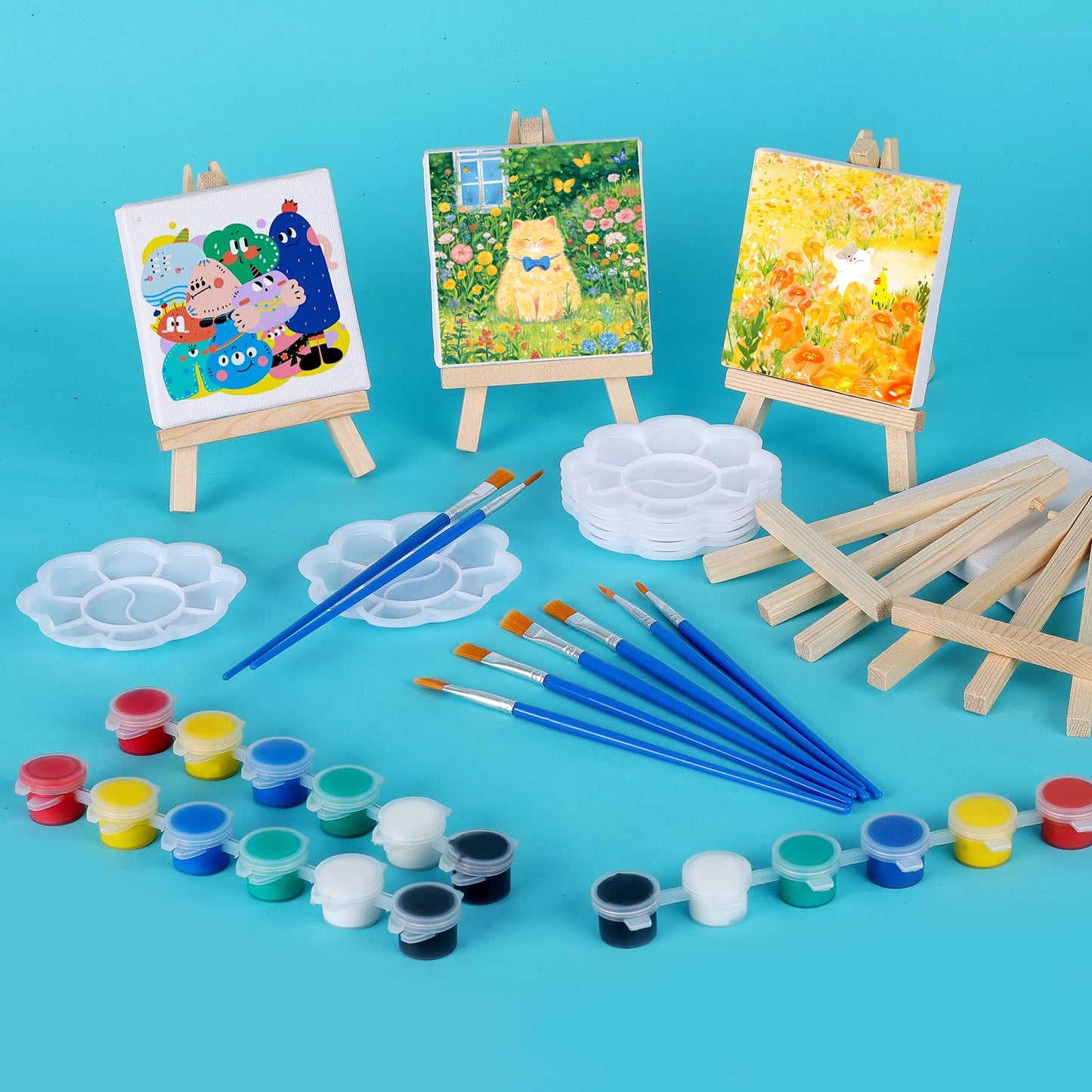 ESRICH 24 Set Mini Acrylic Paint Kit, Mini Stretched Canvas with Easel, Valentines Day Gifts, Acrylic Paint Strips, Paint Palettes, Painting Brushes, Canvas and Easel Set for Kids Artists Beginner