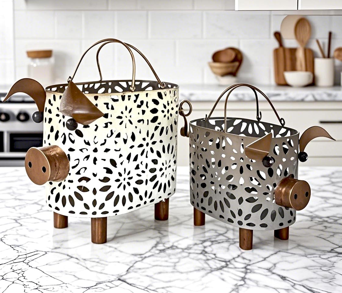 Farmhouse Metal Small Storage Basket Set For Kitchen or Bathroom Pig Decor, 2 Count Stackable Small Basket with Handle