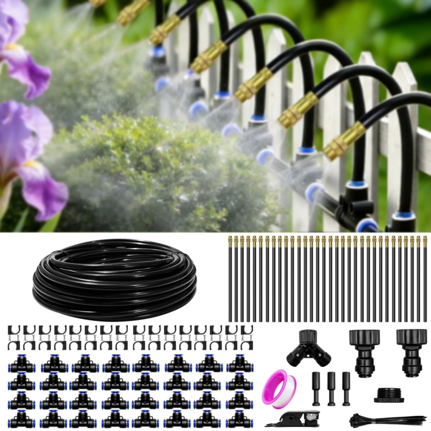 100 Ft Drip Irrigation System for Garden - Drip Irrigation Kit with 32 360°Adjustable Copper Nozzles Hose, Automatic Atomizing Plant Watering Sprinkler System for Yard, Lawn, Greenhouse, Potted