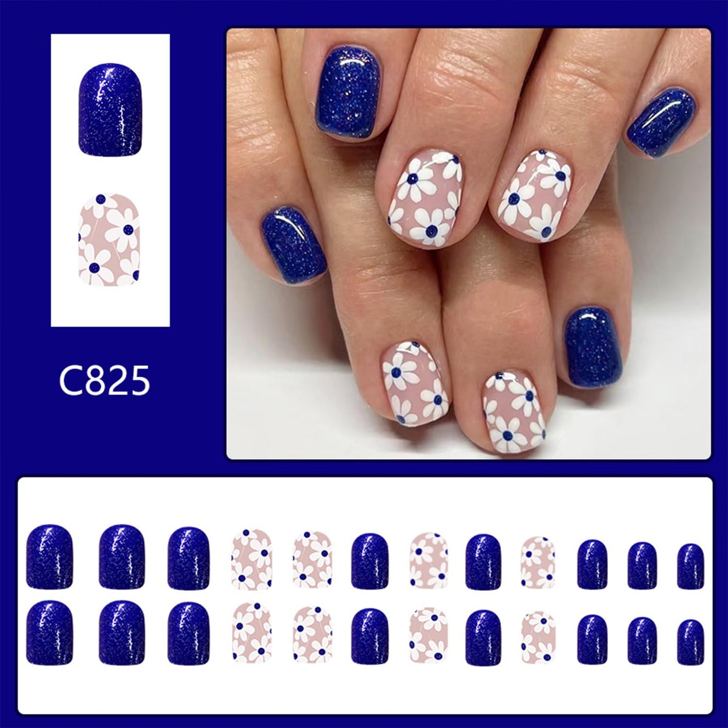 Short Press on Nails Square Fake Nails with navy blue Glitter Designs Cute Flower Nails Press ons Spring Summer False Nails Reusable Full Cover Floral Glue on Nails for Women Spring Nail Art Decor