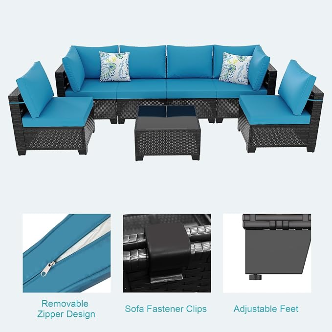 Outdoor Wicker Patio Furniture Set, Rattan Sectional Sofa Set with Thick Cushions (Brown/Peacock Blue, 7 Piece Sofa Set)