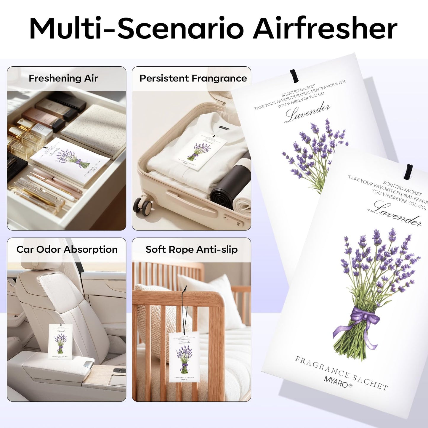 MYARO 12 Pack Lavender Scented Sachets | Odor Eliminator & Air Freshener for Drawer, Closet, Car, Shoes, Gym Bag, Suitcase | Home Fragrance Gift Set