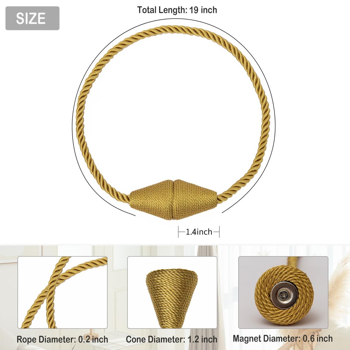 Magnetic Curtain Tiebacks 4 Pack Outdoor Rope Curtain Tie Backs Decorative Window Treatment Holdbacks for Home Decorative Curtain (4 Count)