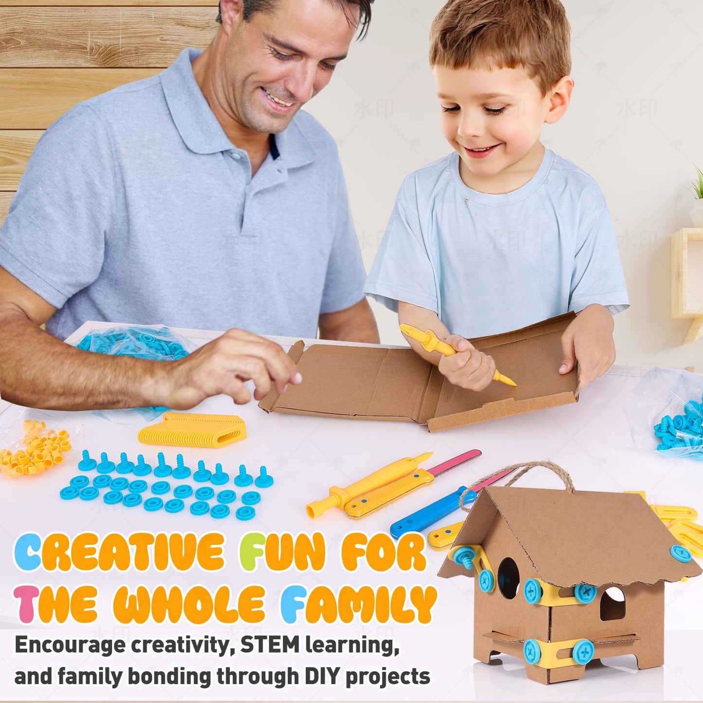 Zentara Kids Cardboard Tool Set, 232-Piece STEM Building Kit with Safe Wooden Cutter, Reusable Bolts & Nuts, Hinges, and Eco Gift Box
