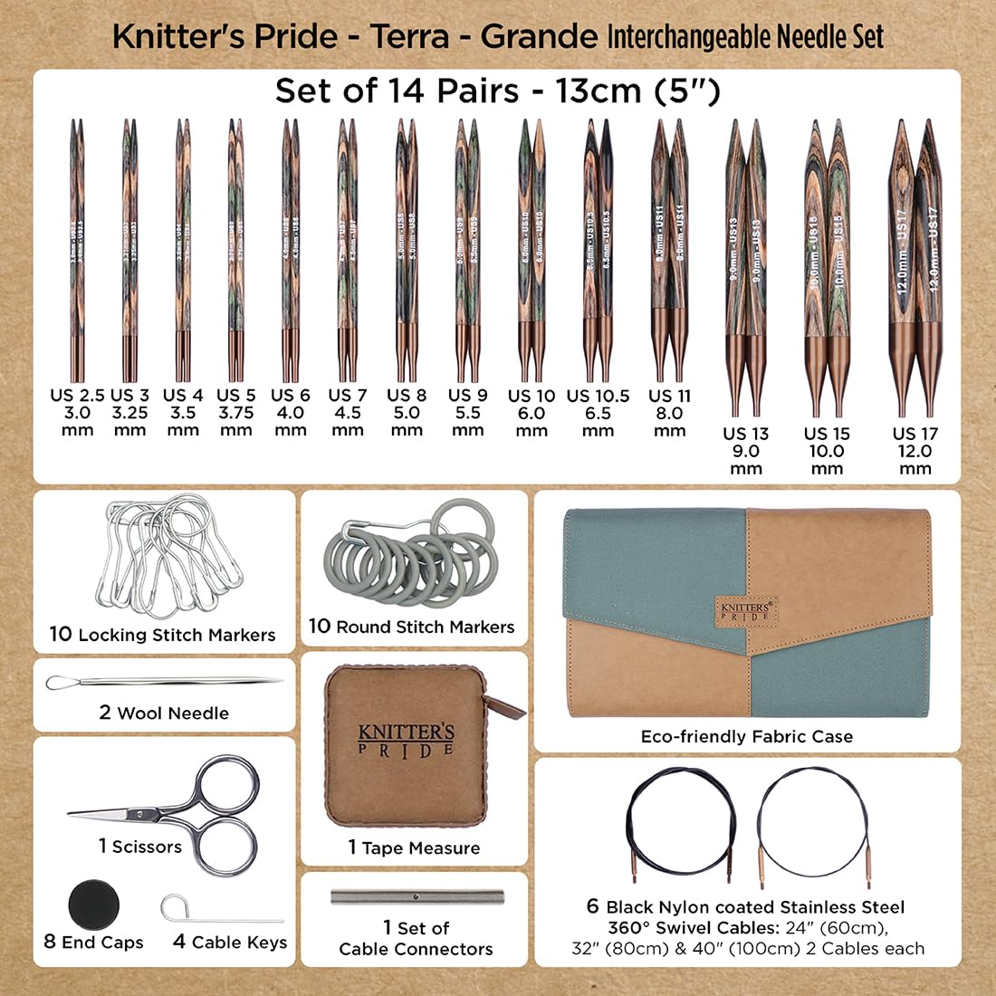 Knitter’s Pride Terra Grande Interchangeable Needle Set 5"" (13cm) – 14 US Sizes (2.5 to 17)
