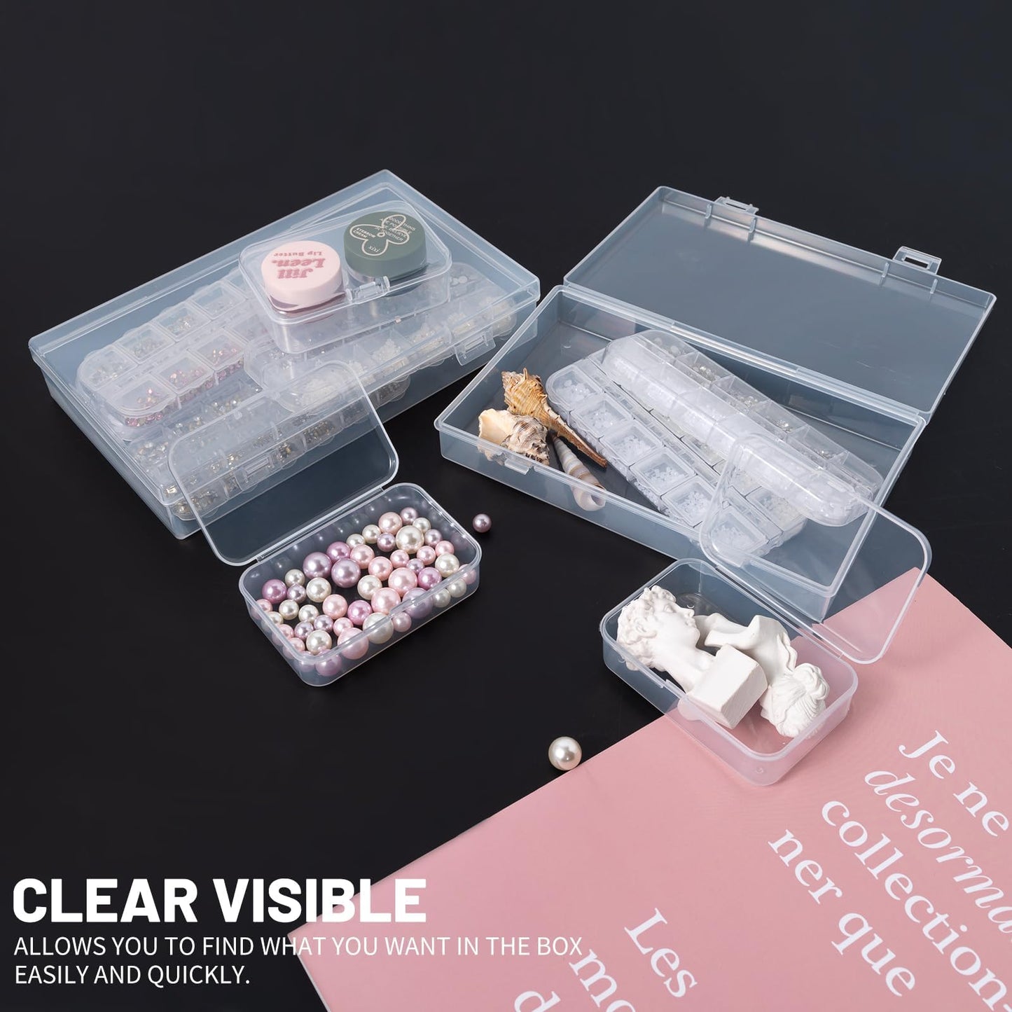 LJY 20 Pieces Mixed Sizes Rectangular Empty Mini Clear Plastic Organizer Storage Box Containers with Hinged Lids for Small Items and Other Craft Projects Plastic Containers with Lids Quart Containers