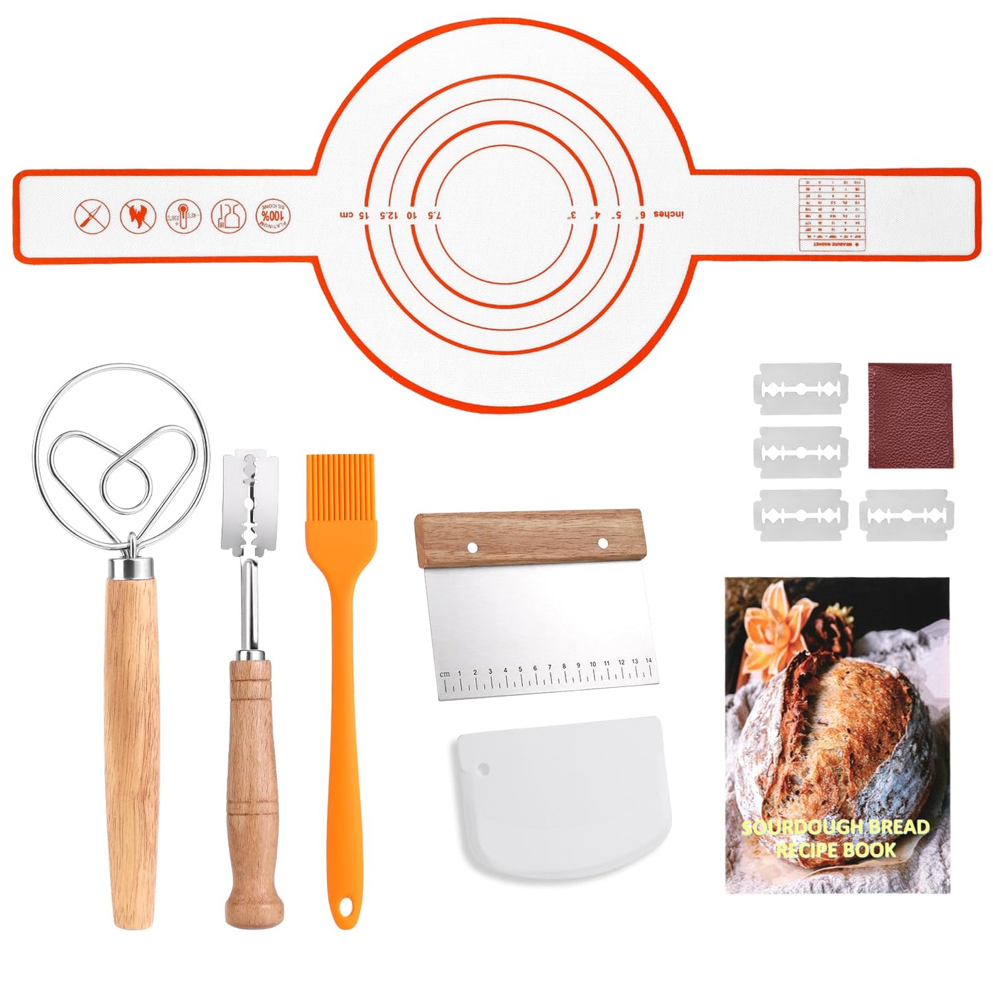 Fvbber Danish Dough Whisk Set 7 Piece with Wooden Handle - Sourdough Baking Supplies Kit Includes Bread Whisk, Scoring Tool, Dough Scraper, Baking Mat & Pastry Brush - Top Gadgets for Bakers