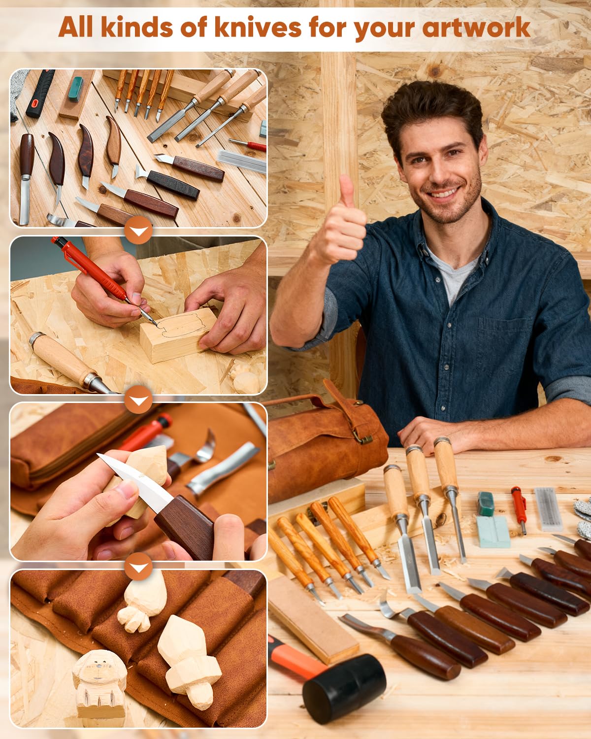 SakerNeo Deluxe Wood Carving Kit, 25 Piece Wood Carving Tools with Thick Leather Storage Bag,Wood Whittling Tools -Ideal Woodworking Tools and Hobbies for Beginners Enthusiasts Gift DIY