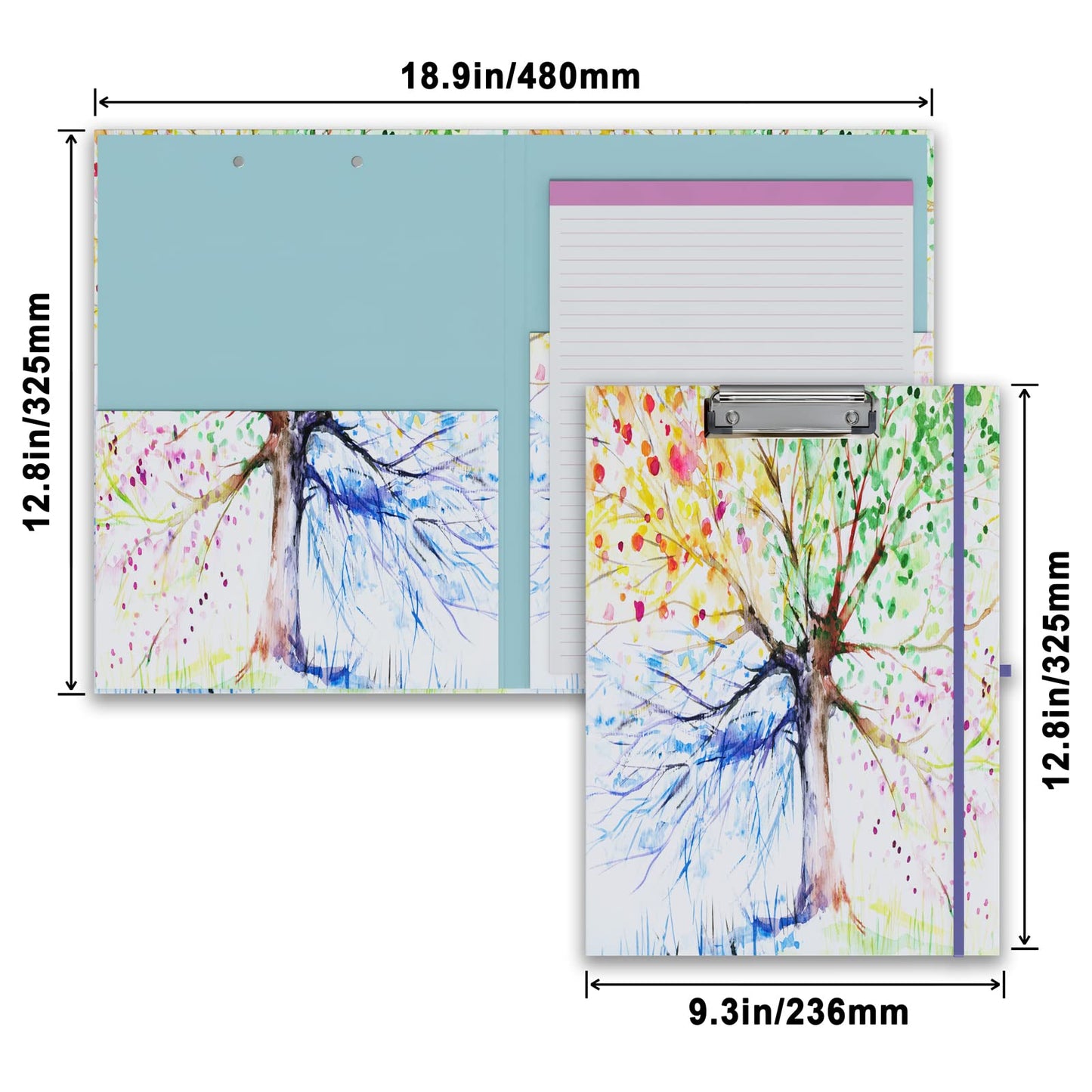 Cute Clipboard Folio with Refillable Lined Notepad and Interior Storage Pocket for Office Stylish A4 Foldable Clipfolio - Tree Seasons