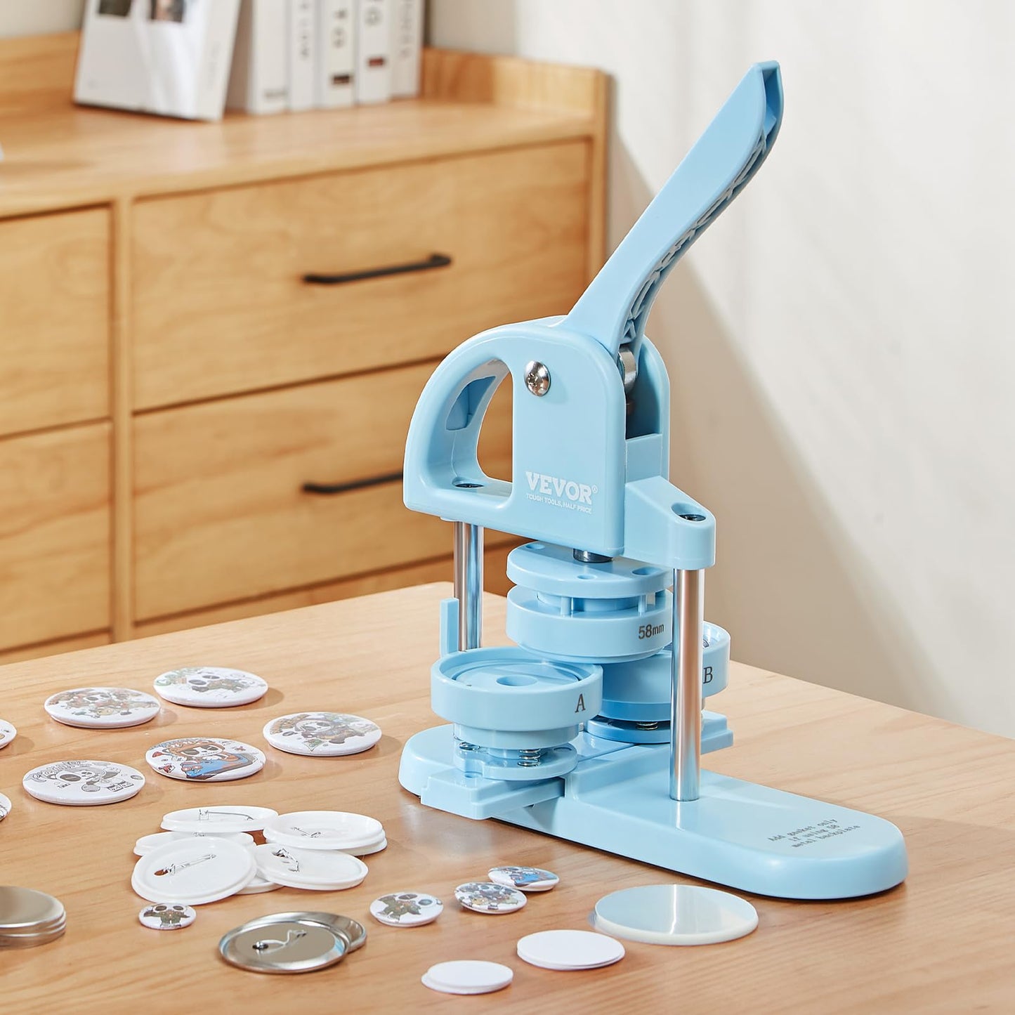 VEVOR Button Maker, 1/1.25/2.28 inch(25/32/58mm) 3-in-1 Pin Maker, 300pcs Button Parts, Ergonomic Arc Handle Punch Press Kit, Button Maker Machine with Panda Magic Book, for Children DIY Gifts, Blue