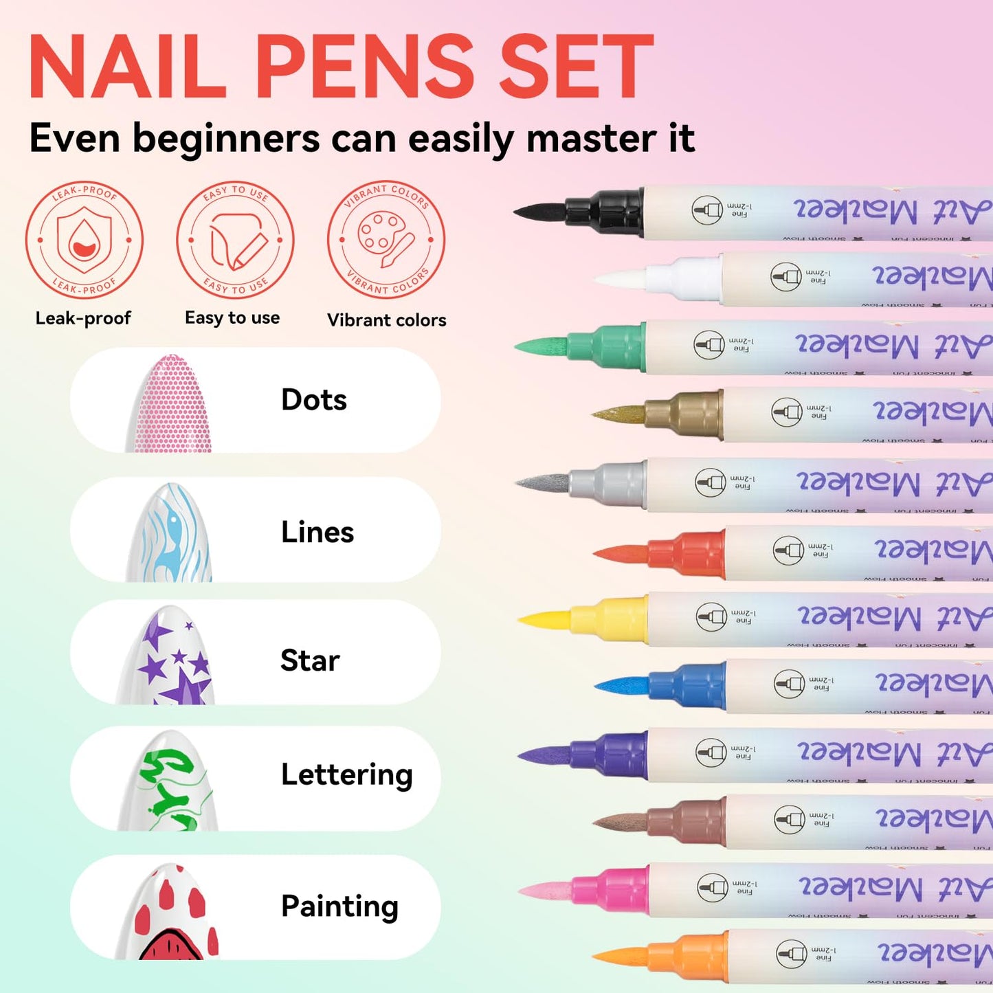 24 Colors Nail Art Pens Set, 3D Nail Polish Pens, Double-ended Nail Markers, Quick-Drying Acrylic Paint Markers, Drawing Painting Dotting Liner for DIY Nail Design, Home & Salon Manicure Tools