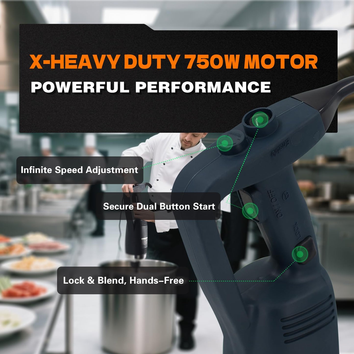 COOLUMA X-Heavy Huty 750W Commercial Immersion Blender, 20 Inch Removable Shaft, 8,000-19,000 RPM Variable Speed, 42 Gallons Hand Mixer, Secure Dual Button Start.
