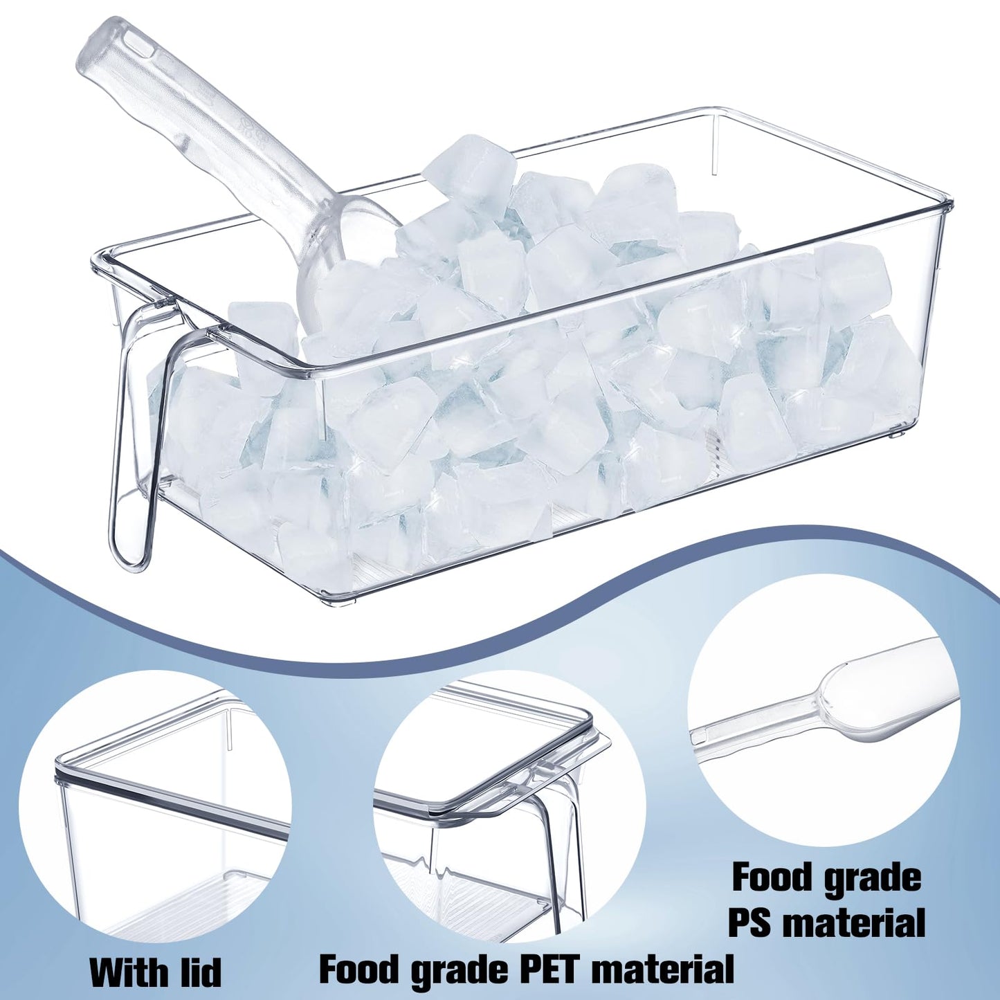 Havawish 2 Pcs Ice Storage Bin for Freezer with Lid and Flexible Scoop Set Plastic Ice Container with Lid Handle for Home Office Fridge Storage (12.4 x 5.91 x 3.94 Inches,Clear)