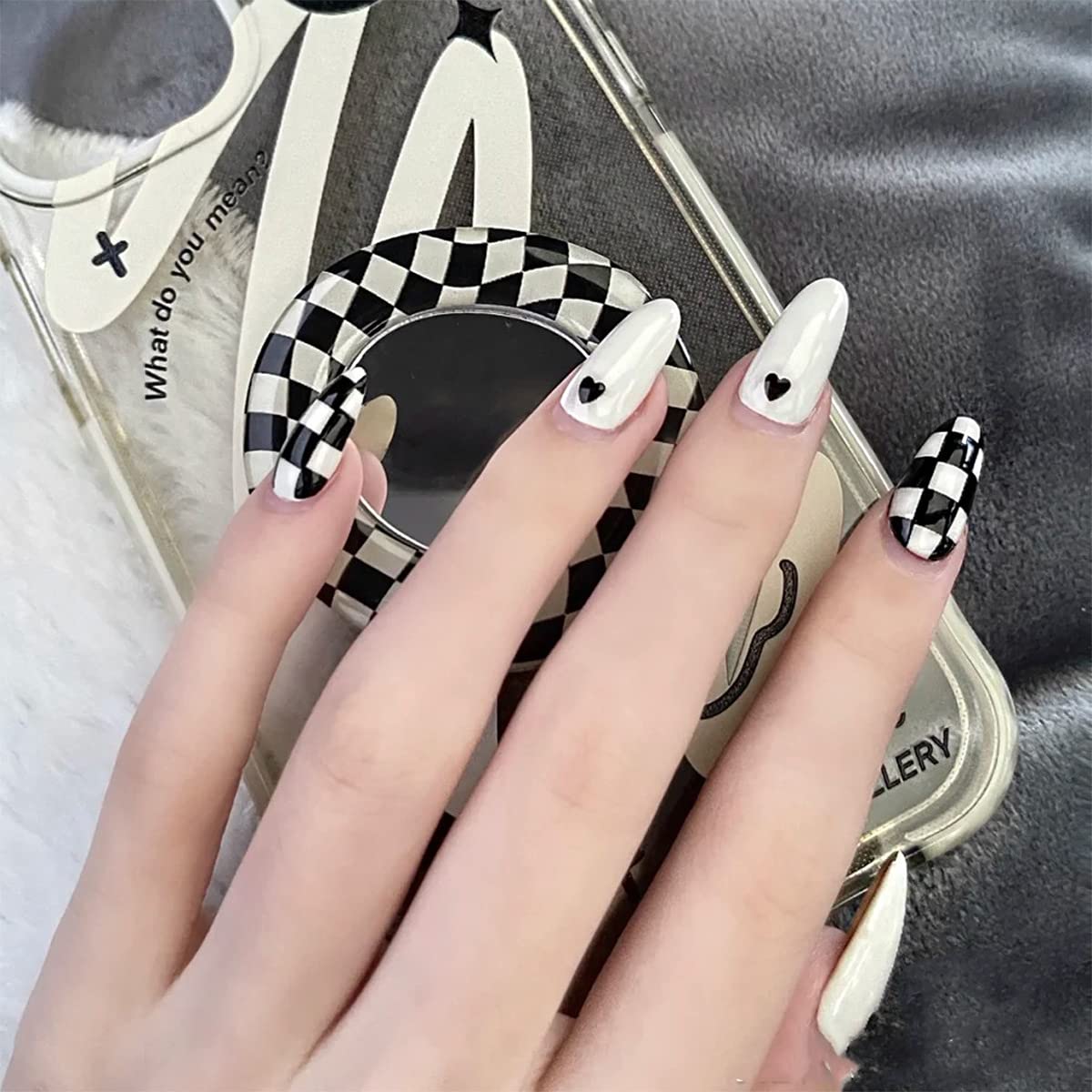 MISUD Press on Nails - Short Oval Glue on Nails with Black White, Acrylic Checkered Design 24 pcs