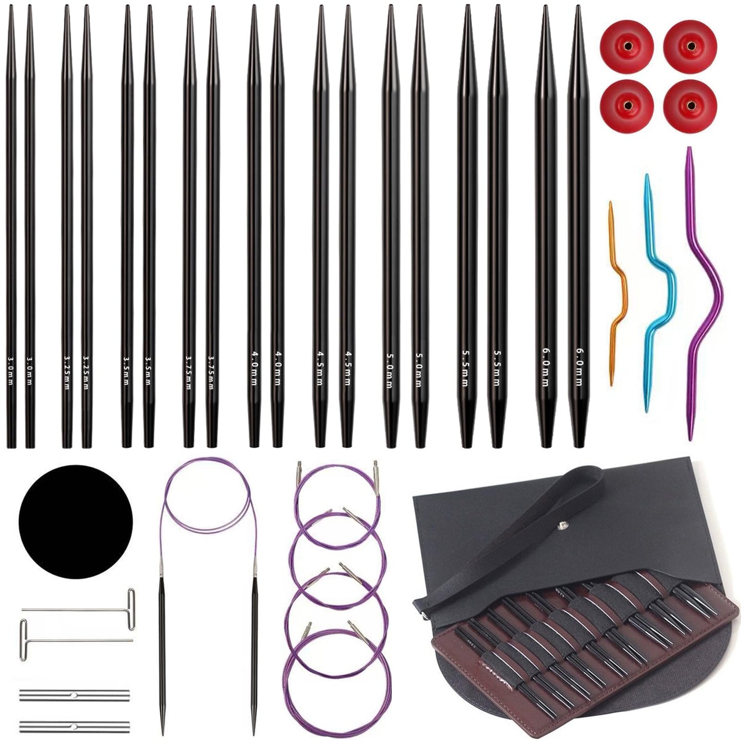 Interchangeable Circular Knitting Needles Set Aluminum 9 Sizes (3.0-6.0mm) Aluminum Circular Needles Kit with Cables, Tapestry Needles & Accessories Portable Craft Tools