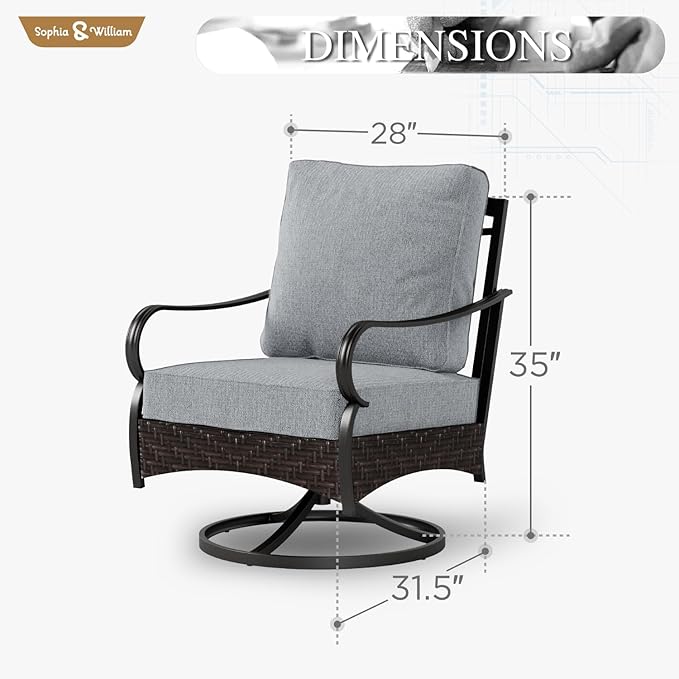Sophia & William Extra Large Outdoor Patio Swivel Sofa Chairs Set 2 PCS Heavy-Duty Metal Porch Furniture with High Back & Deep Seating Area, 5.5" Thicken Cushions for Deck, Lawn, Outside (Grey)