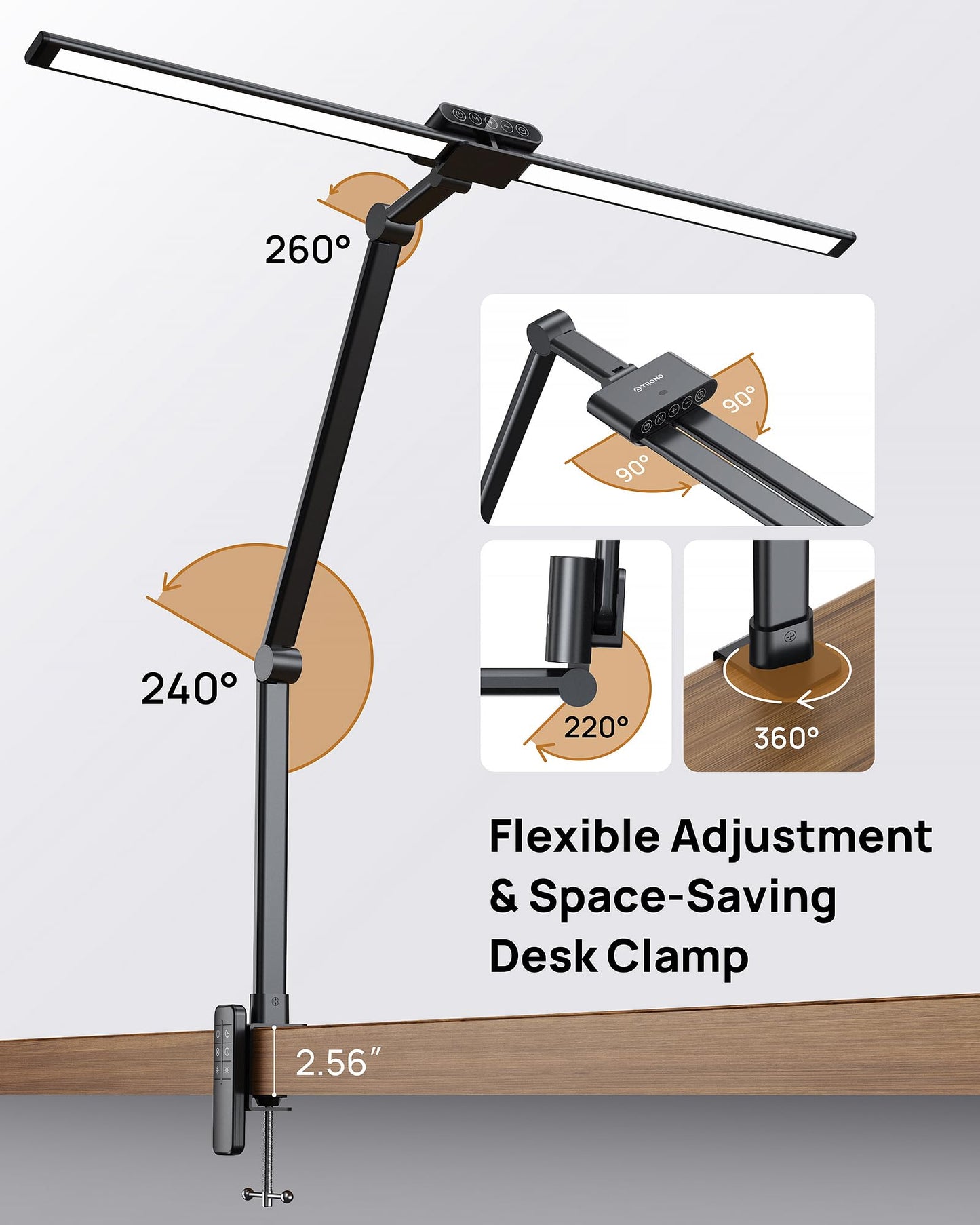 TROND LED Desk Lamp with Clamp, 29.55'' Tall Desk Light with Remote, 1500LM Bright Table Lamp, Swing Arm Clip on Light, Eye-Caring, Touch Control Dimmable for Home Office Monitor Reading Study Task