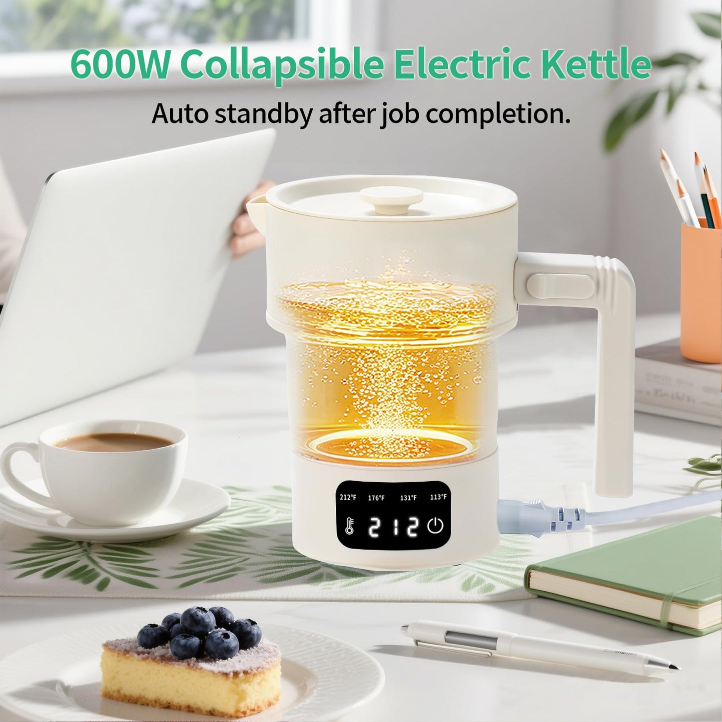 Portable Electric Kettle-Foldable Travel Water Boiler, 20oz Collapsible Small Electric Kettle with 4-Temp Presets for Hotel, Office, Camping