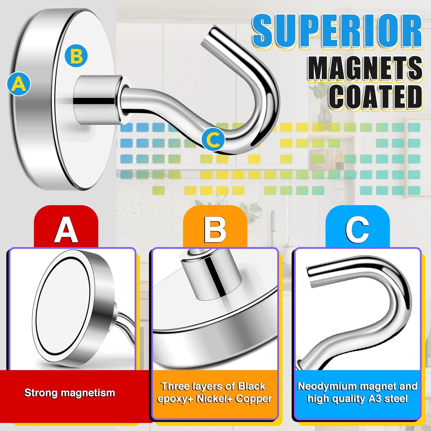 TRYMAG 12 Pack Strong Magnetic Hooks Heavy Duty, 120Lbs Strong Magnetic Hooks for Cruise Cabins, Neodymium Magnets with Hooks for Hanging, Earth Magnets with Hooks for Office, Grill, and Toolbox