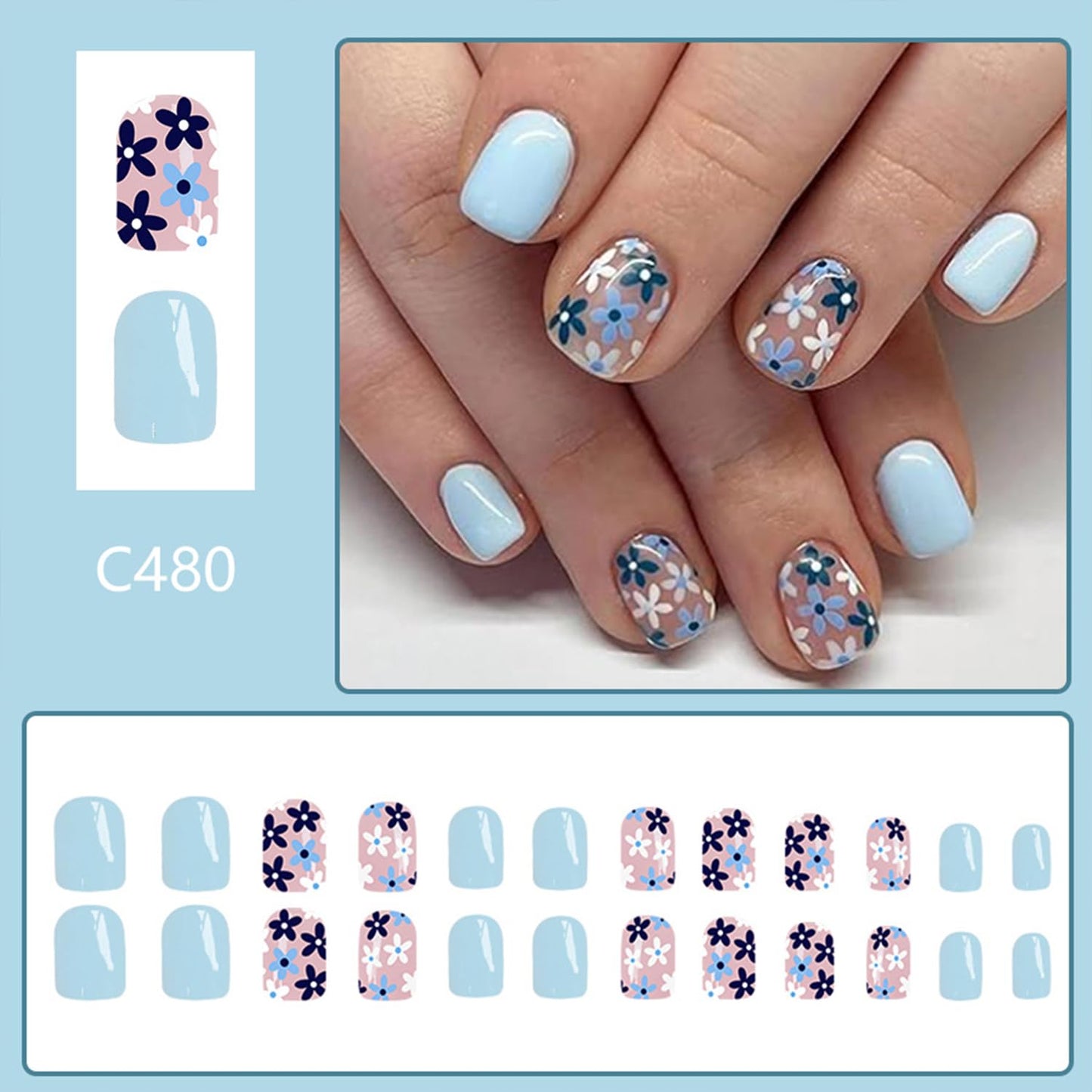 Tyuimhx Blue Flowers Press on Nails Square Short Fake Nails Spring Light Blue False Nail Glossy Full Cover Stick on Nail for Women 24Pcs