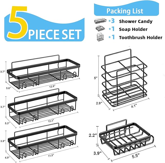 Adhesive Shower Caddy, 5-Pack Shower Caddy Hanging Bathroom Storage Organization, No Drilling Shelves with Soap Caddy & Toothbrush Wall-Mounted Shower Holder, Rustproof Bathroom Shelves