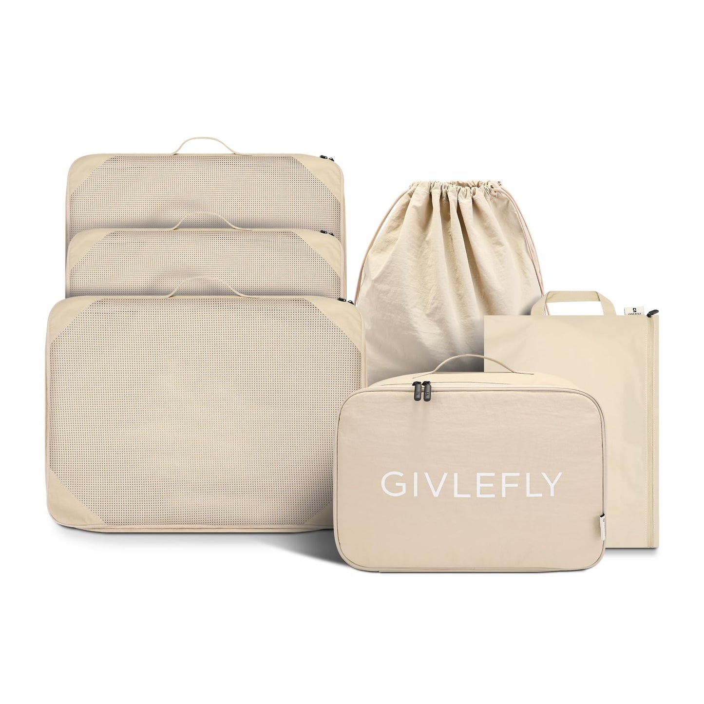 GIVLEFLY 6 Set Compression Packing Cubes for Travel, Lightweight Luggage Organizer Bags, Durable Travel Accessories for Suitcase Organization,Beige