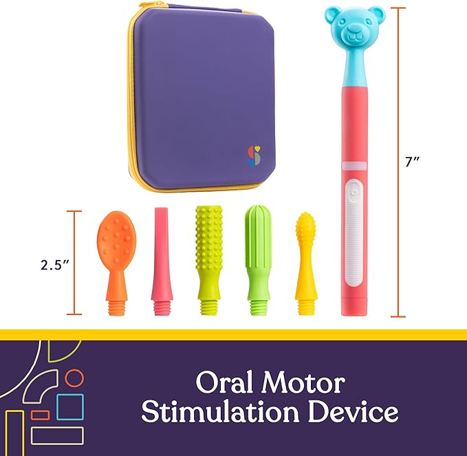 Special Supplies Buzz Buddy Oral Motor Stimulation kit with 6 Soft Textured Interchangeable Heads, Calm Sensory Needs, Support Speech, and Stimulate Self Feeding, Gentle Vibrations (Pink)
