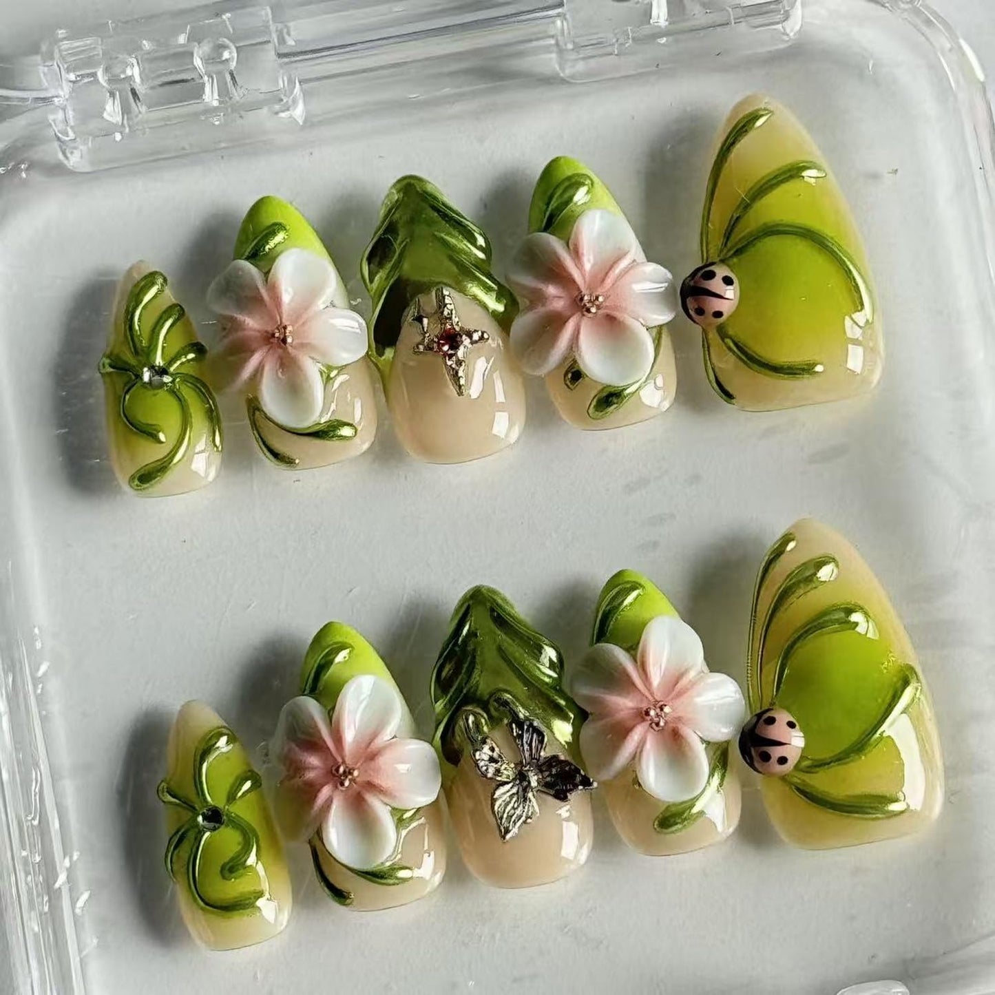 10pcs Green Press on Nail Almonds Shape Fake Nails 3D False Nails with Flower Beetle Butterfly design Handmade Glue on Nails Reusable Acrylic Stick on Nail for Women Summer Manicure Decor （m size）