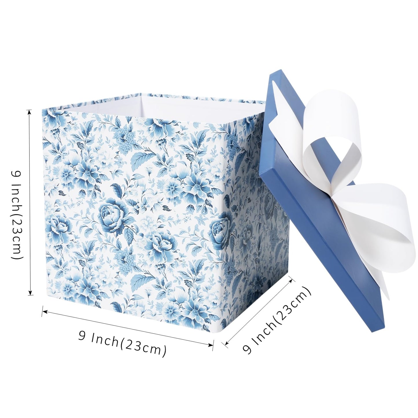 BIOBROWN Medium Gift Boxes with Lids for Presents, 9x9x9 Inches Chinoiserie Blue White Peony Floral Design Collapsible Gift Box for Mother's Day, Bridal Shower, Wedding, Birthday, Valentine's Day