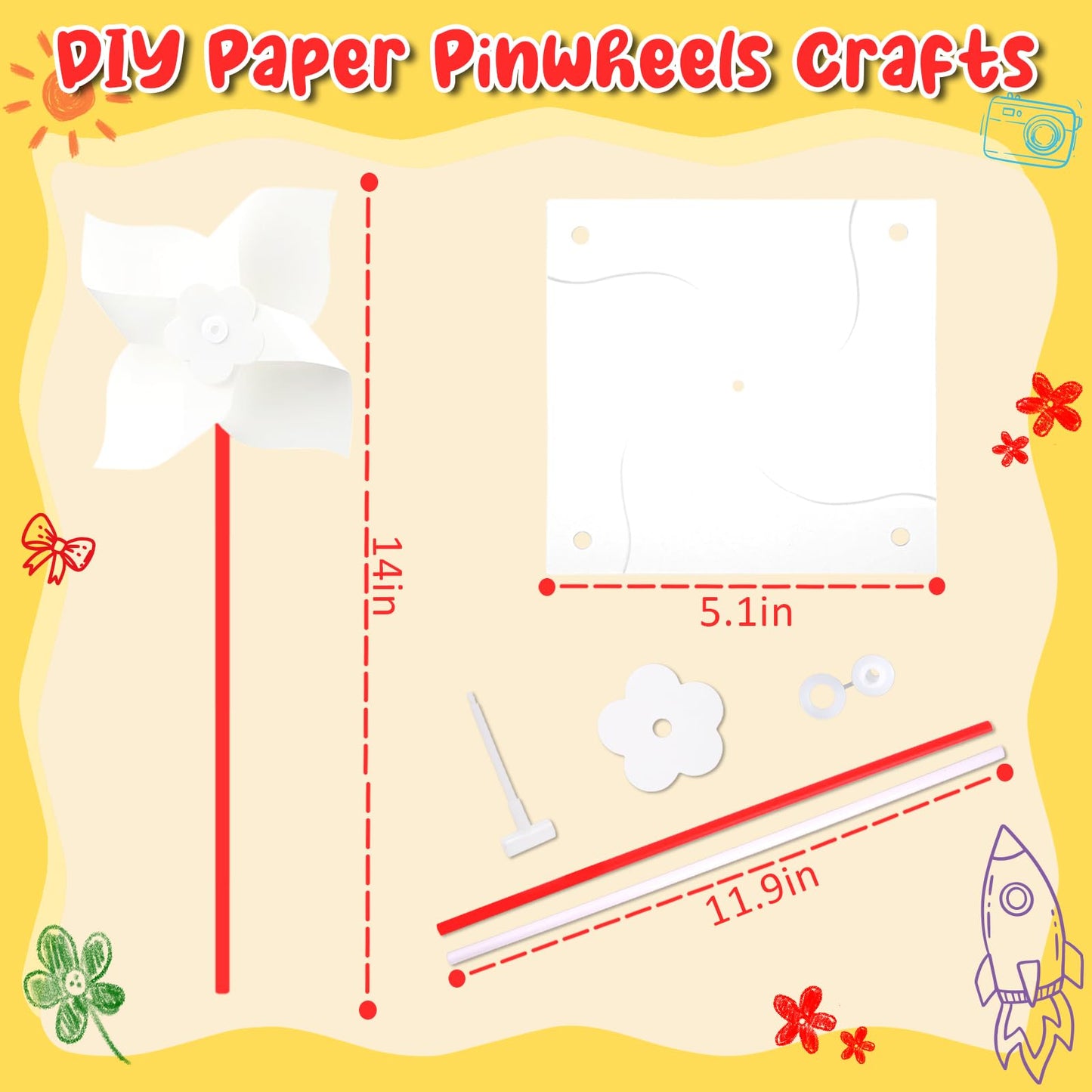 60pcs Summer Activities for Kids – DIY Paper Pinwheels Crafts, Blanks White Windmill Kits Bulk for 4th of July, Classroom Party, Back to School, Easter, Spring Art Projects