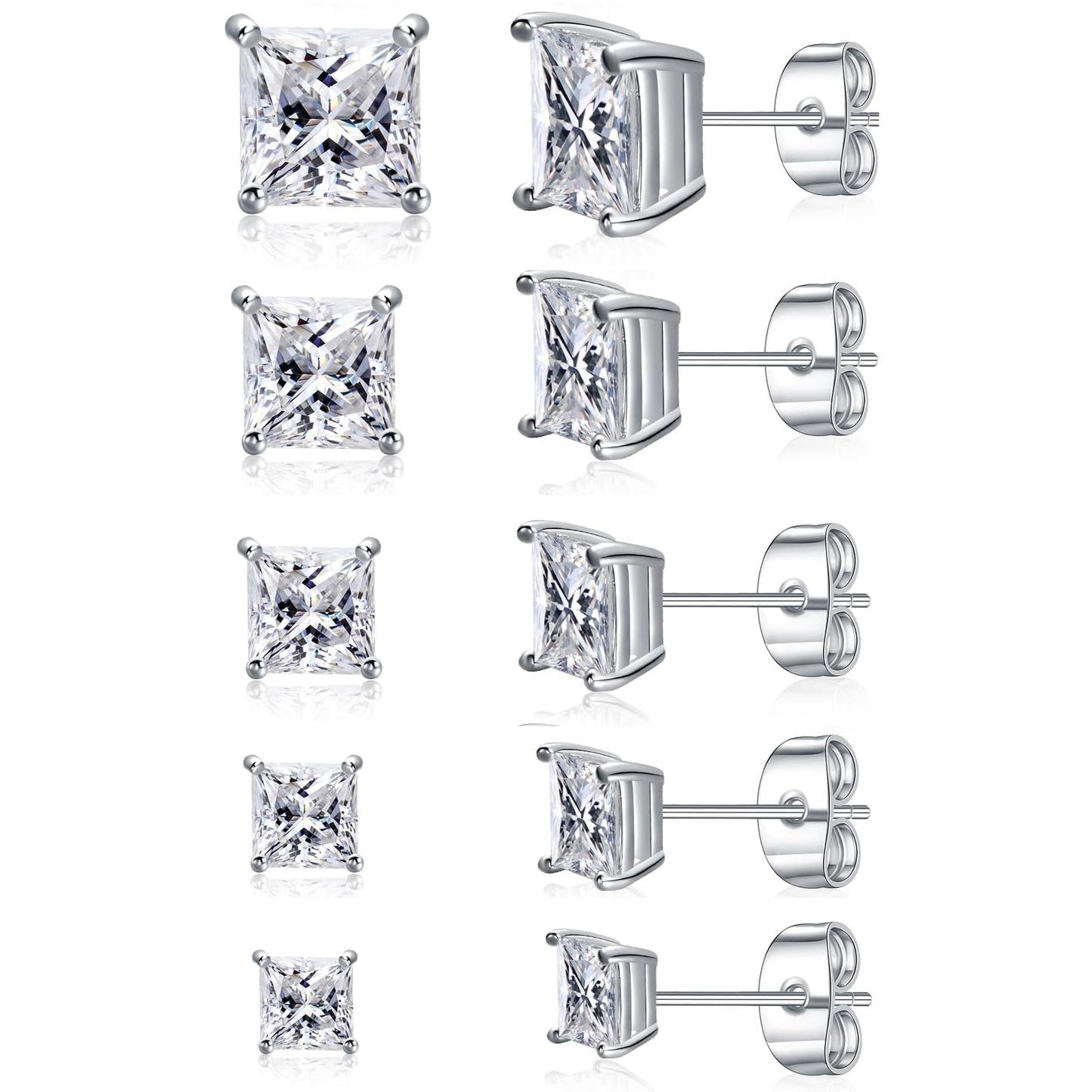 Gemsme 5 Pairs Princess Cut Cubic Zirconia Stud Earrings for Women/Men - 18K White Gold Plated Hypoallergenic 3-7mm Square Clear CZ Earring Set