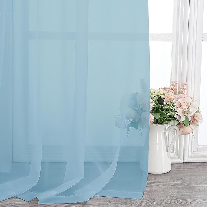 Chyhomenyc Sky Blue Sheer Curtains 108 Inches Long - Light Filtering Voile Extra Long Panel Drapes for Floor to Ceiling Window, Elegant Soft Living Room Curtains, Each 42Wx108L Inch, 9FT, 2 Panels
