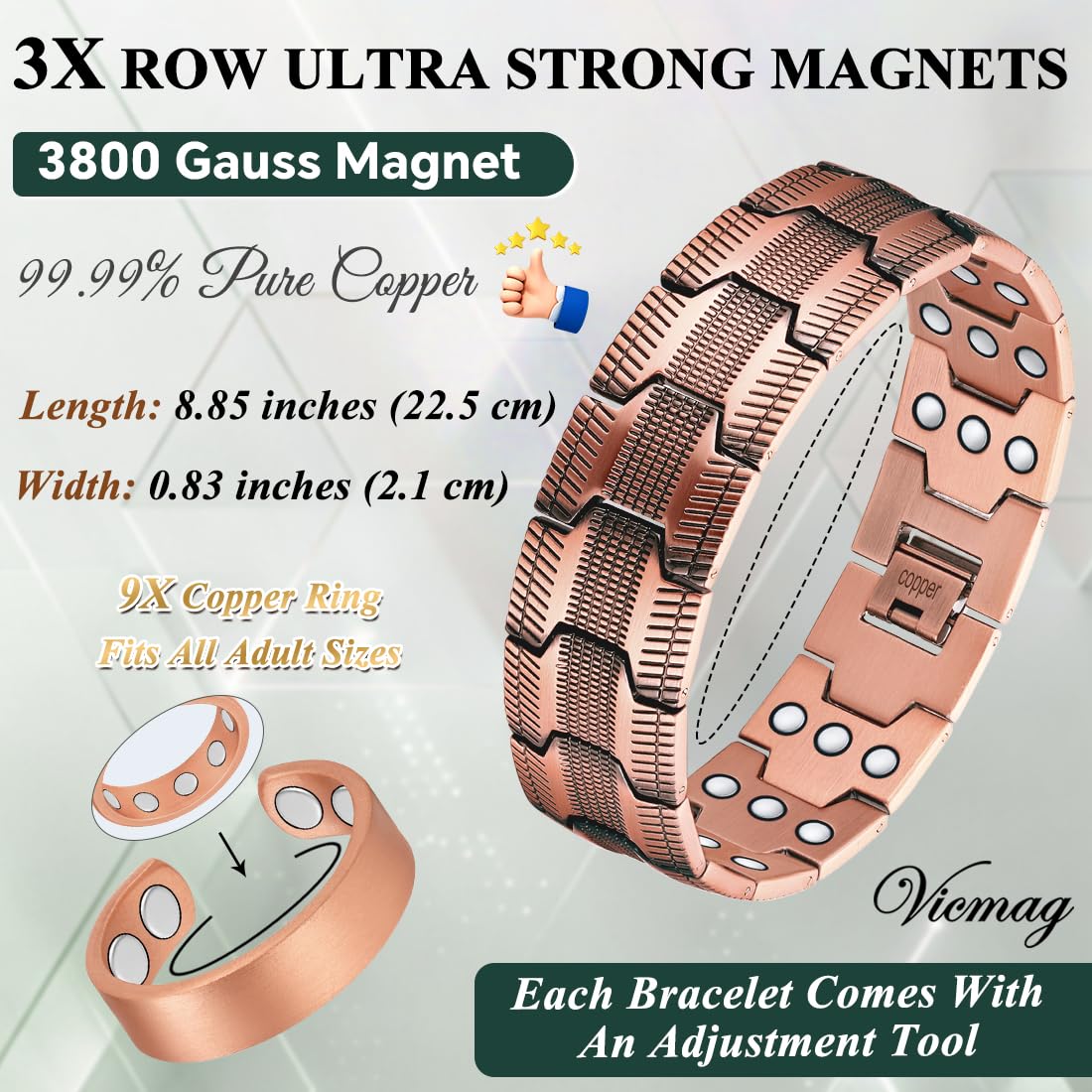 Vicmag Copper Magnetic Bracelet for Men, 3X Strength Magnets, Pure Copper Bracelet & 9X Magnet Ring Set, Adjustable Fit with Sizing Tool(Textured Copper)