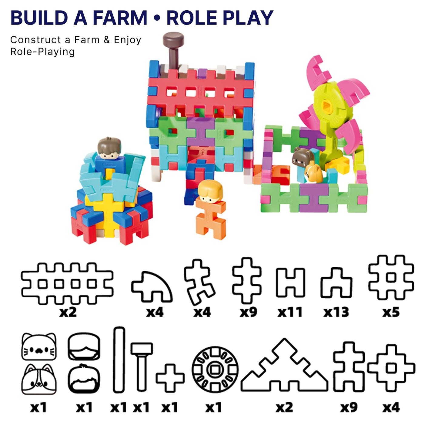 XRUFY Interlocking Building Blocks for Kids, 100+ Pcs STEAM Construction Set with Figures & Pets, Sensory Educational Toy for Preschoolers 3-8, with Building Manual & Storage Bin