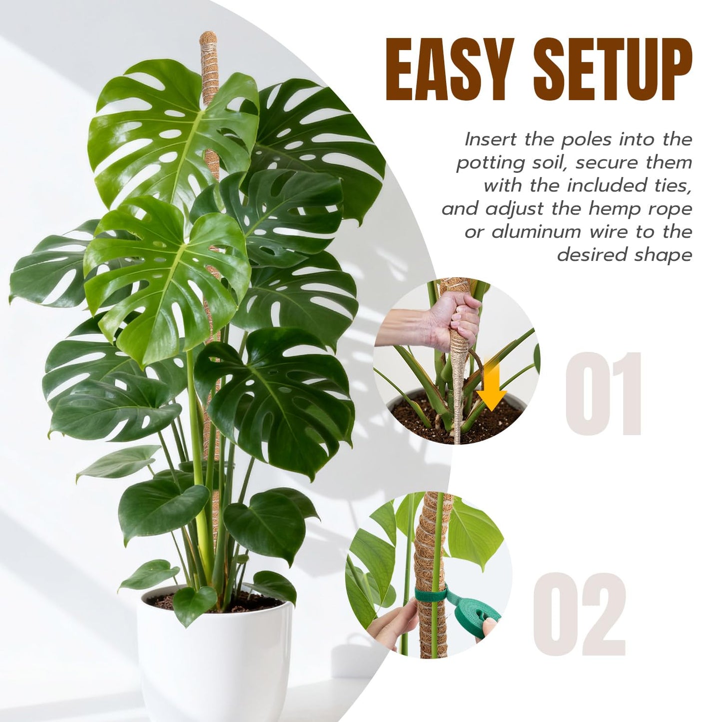 Mcbazel 2 Pack 47 Inch Bendable Moss Pole for Plants Monstera - Tall Coco Coir Plant Support Stakes for Large Indoor Climbing Plants Vines - Flexible Totem Stick Kit with Full Garden Ties