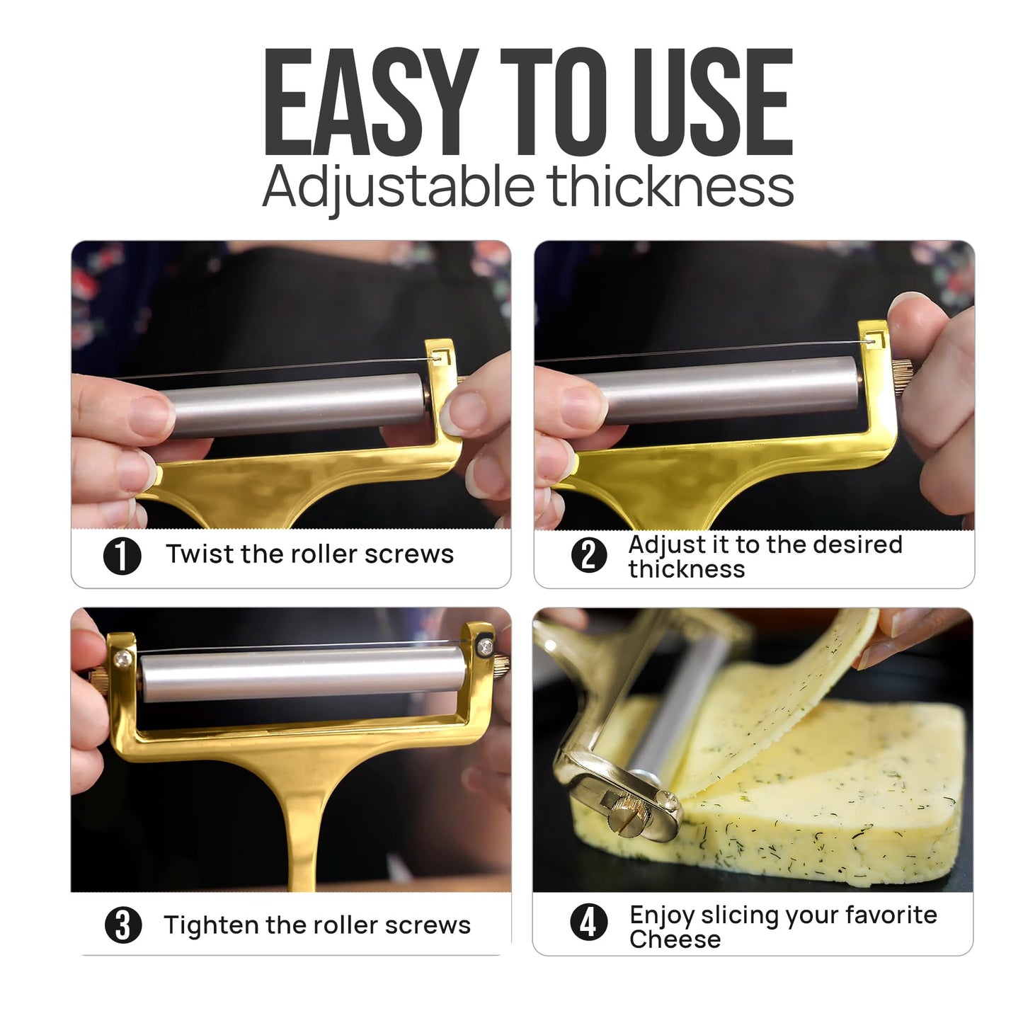 Zulay Kitchen Cheese Slicer With Adjustable Thickness – Heavy Duty Block Slicer with 2 Extra Wires – Ideal for Mozzarella, Cheddar, Gouda - Gold