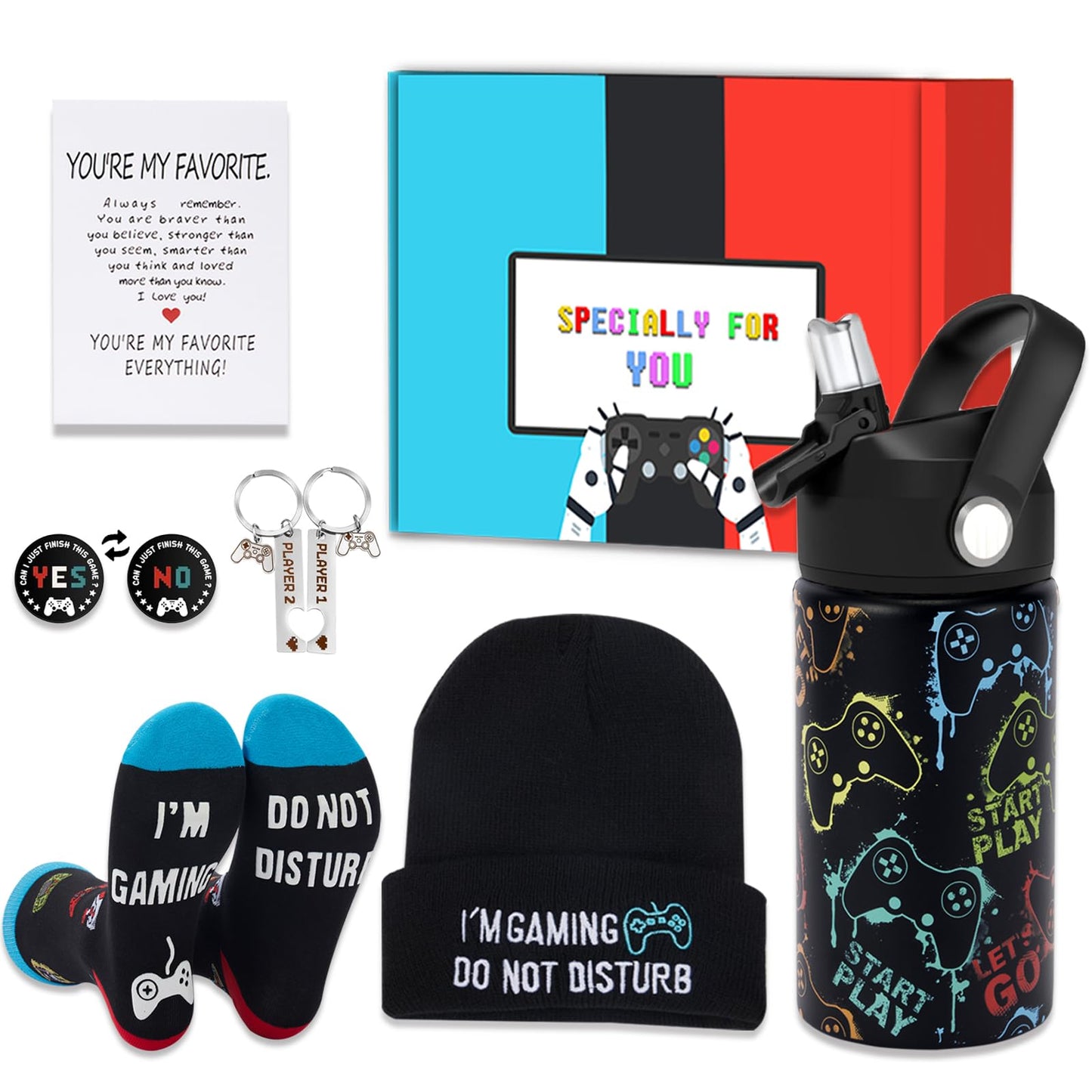 Guguden 7 PCS Easter Basket Stuffers Gamer Gifts for Men,Easter Gift Ideas Gaming Gift Box for Boyfriend Teens Dad Brother, Cool Gaming Stuff Accessories, Video Game Things Tumbler Keychain Socks