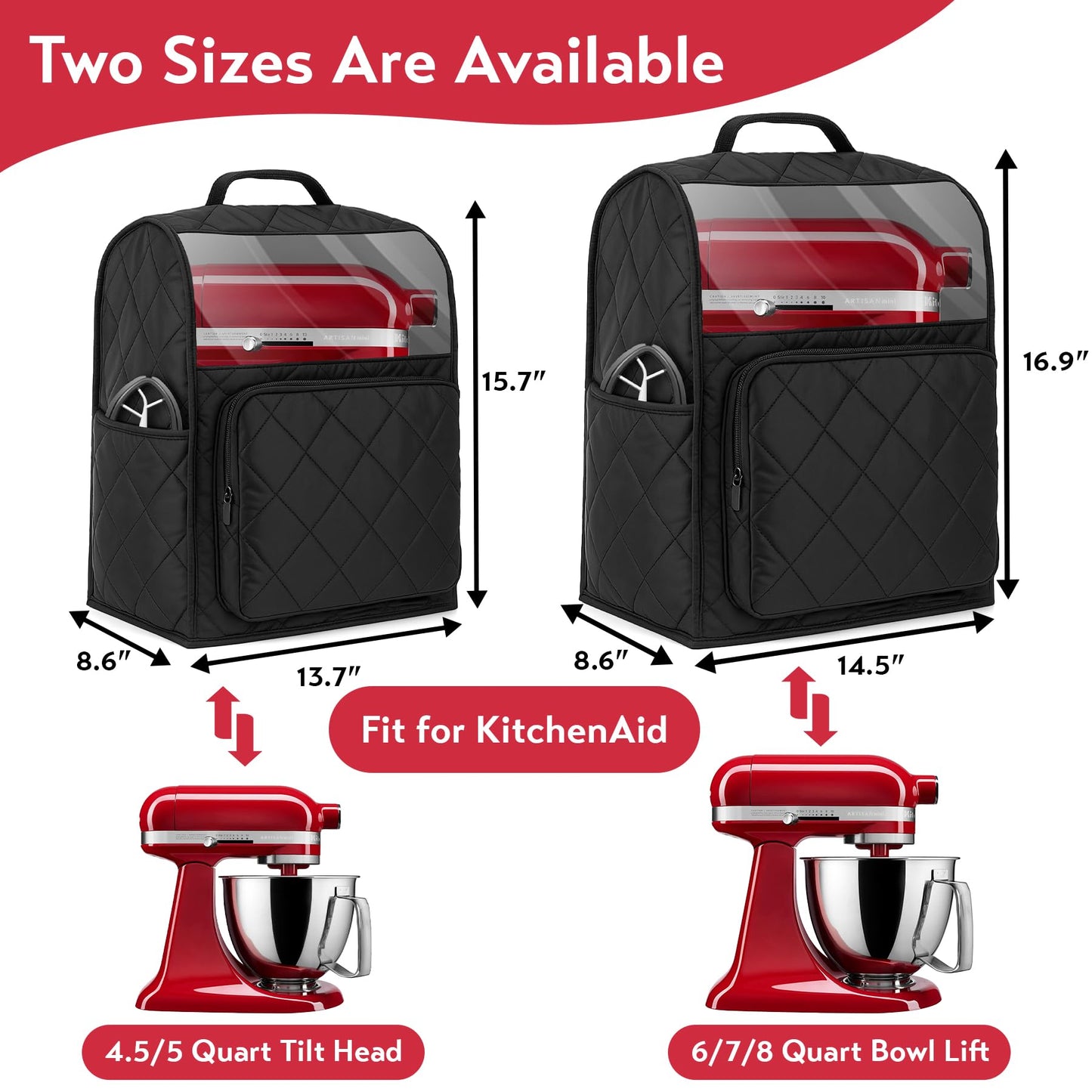 Stand Mixer Cover Compatible with KitchenAid 6/7/8 Quart Bowl Lift Mixers, Washable Appliance Dust Cover with Multi Pockets for Kitchen Aid Accessories and Attachments, Black