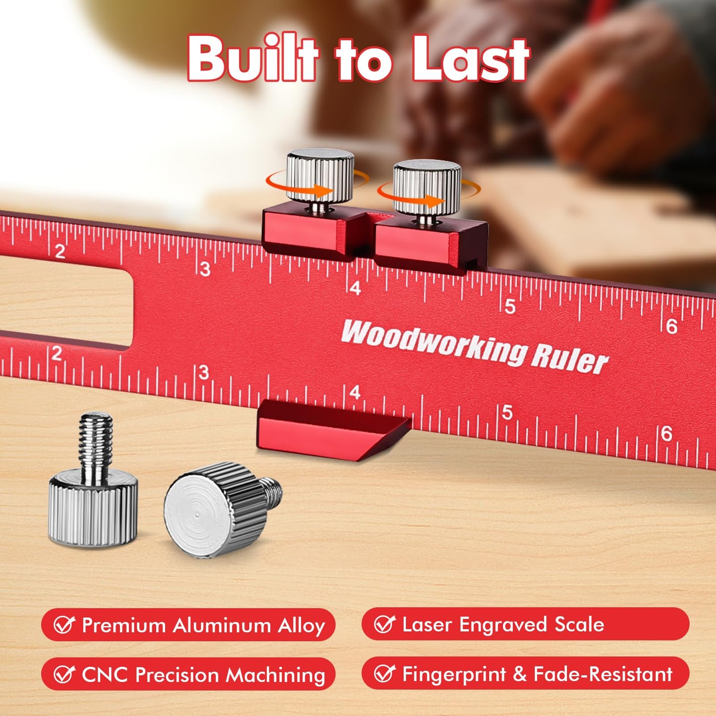Draxzor 3PCS Woodworking Ruler Set, Precision Pocket Ruler with Adjustable Slide Stop, Aluminum Alloy Measuring Tool for Marking & Scribing, Metal T-Track Square Rulers, Inch and Metric (6", 8", 12")