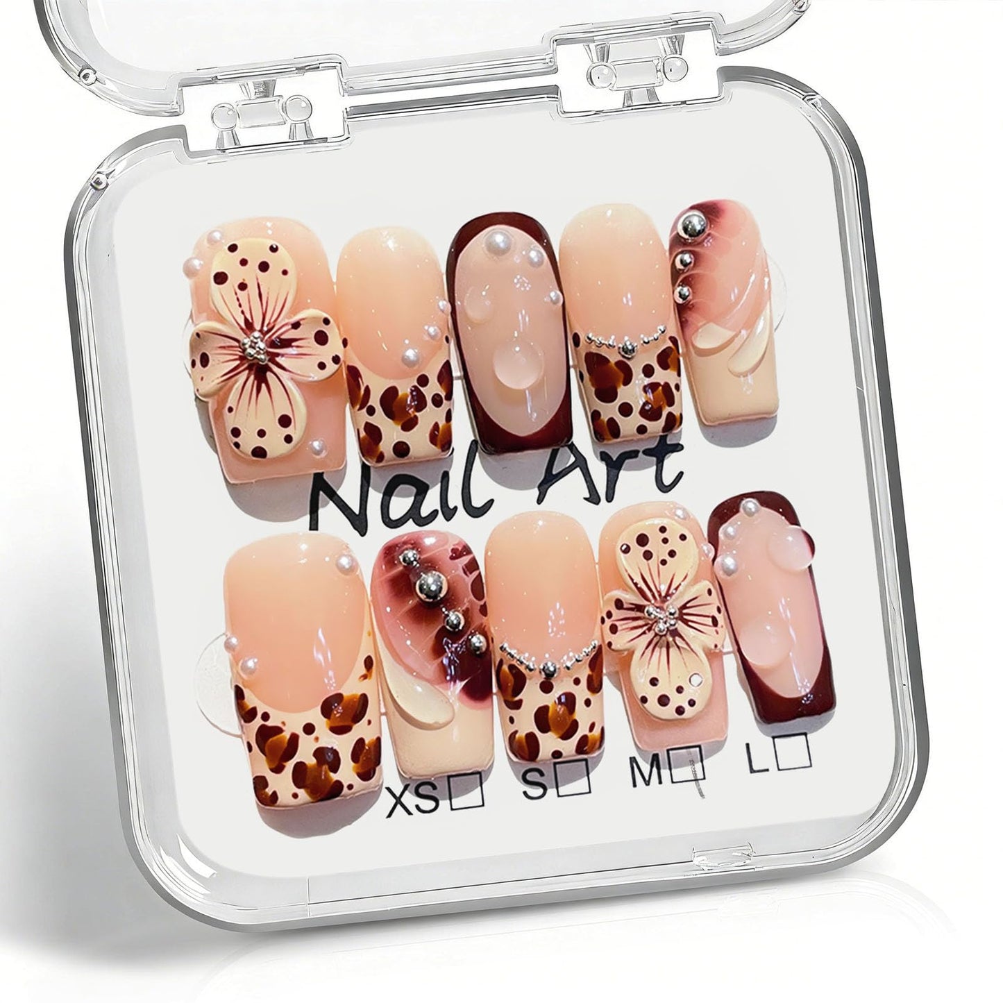 10 Pcs Handmade Press on Nails Medium Square Fake Nails with Brown Leopard Print French Tip Design 3D Flower False Nails Acrylic Nude Press Ons Nails Square M Size for Women Fall Manicure