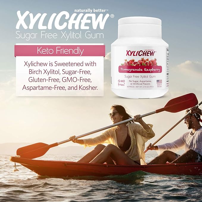 Xylichew 100% Xylitol Chewing Gum - Non GMO, Non Aspartame, Gluten Free, and Sugar Free Gum - Natural Oral Care, Relieves Bad Breath and Dry Mouth - Pomegranate Raspberry, 60 Count