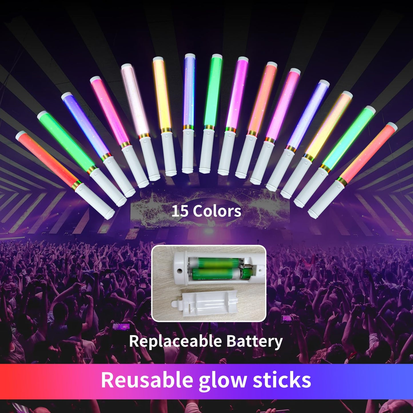 Bsgifts LED Glow Sticks 2 Pack, Reusable 15 Colors Light Stick Bulk, Glow Party Supplies for Wedding, Birthday, Raves, Concert, Camping, New Year, Halloween, Christmas (with AAA Battery)