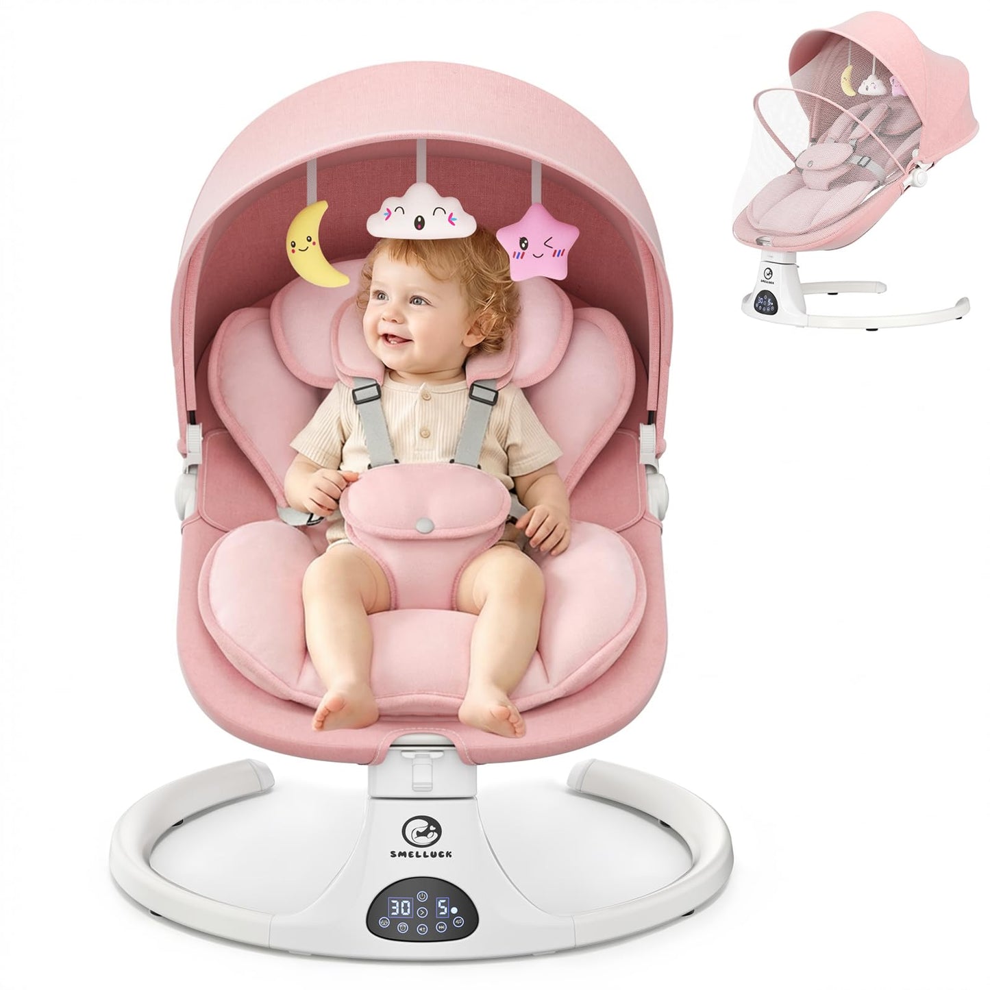 Baby Swings for Infants, Smelluck Baby Swing, Portable Electric Swing with Upgraded 3 Adjustable Backrest, 12 Preset Melodies, 5 Speeds, Remote Control and Bluetooth, Indoor and Outdoor Use