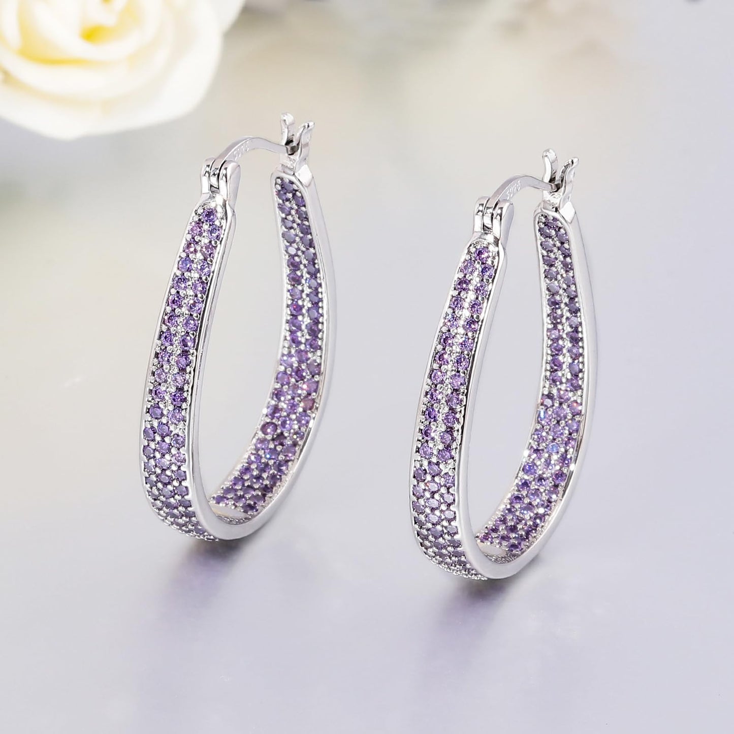 CiNily 925 Sterling Silver Post Hoop Earrings for Women Light Purple Cubic Zircon Hoop Earrings 14K White Gold Plated Oval Chunky Gemstone Hoop Earrings Jewelry
