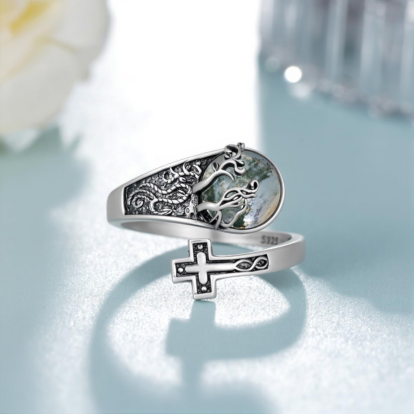 Lieditia Tree of Life Ring 925 Sterling Silver Moss Agate Cross Adjustable Rings Cross Jewelry Tree of Life Gifts for Women