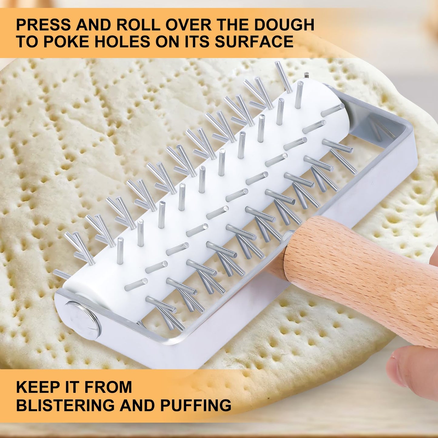 JuyVerq Pizza Dough Docker, Professional Dough Roller with Stainless Steel Spikes Wood Handle, Sturdy Pizza Docking Tool for Home & Commercial Kitchen, Time-Saver for Making Pizza Pie Pastry Bread