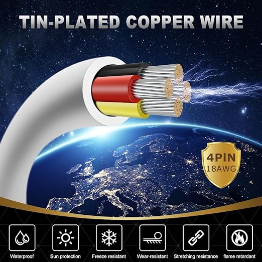 18 Gauge 4 Conductor Electrical Wire, 65.6FT White Stranded Low Voltage 18/4 PVC Case, 18 AWG Tinned Copper 4 Wire Extension Power for Strips LED Lamp Lighting