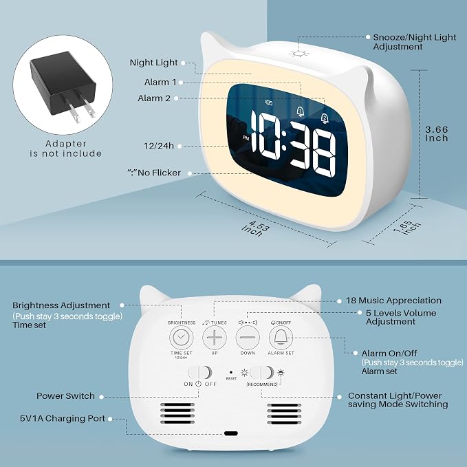 Cute Cat Ear Alarm Clock with Night Light for Bedroom,White