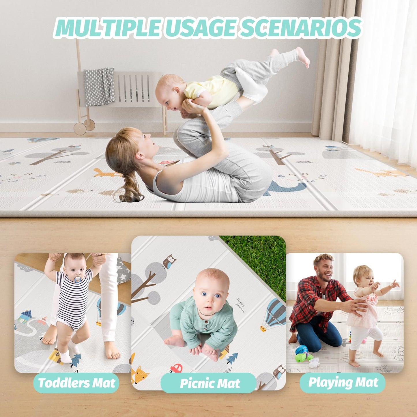 Foldable Baby Play Mat, Double-Sided Design, 79x59 inches, Waterproof, Non-Slip, Extra Thick 0.4 inch, Sea Animals and Elephant Patterns