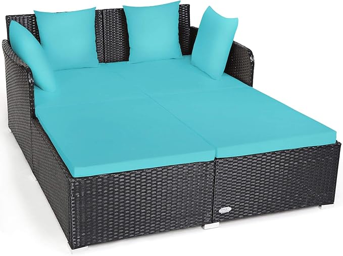 COSTWAY Outdoor Patio Rattan Daybed, Sponge Cushioned Loveseat Sofa with 4 Pillows, Wicker Furniture Sunbed for Balcony, Courtyard (Turquoise)
